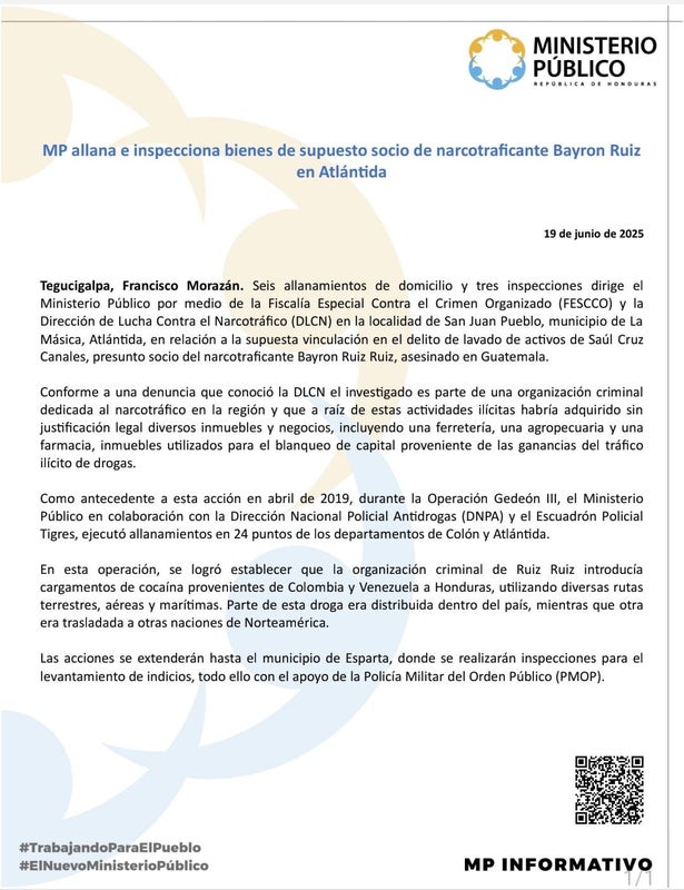 Comunicado MP allanamientos socio Bayron Ruiz
