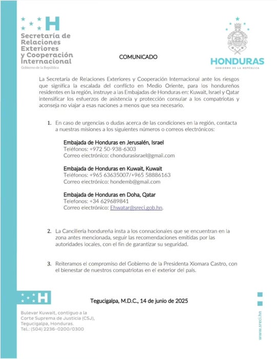 Comunicado de la Cancillería hondureña.