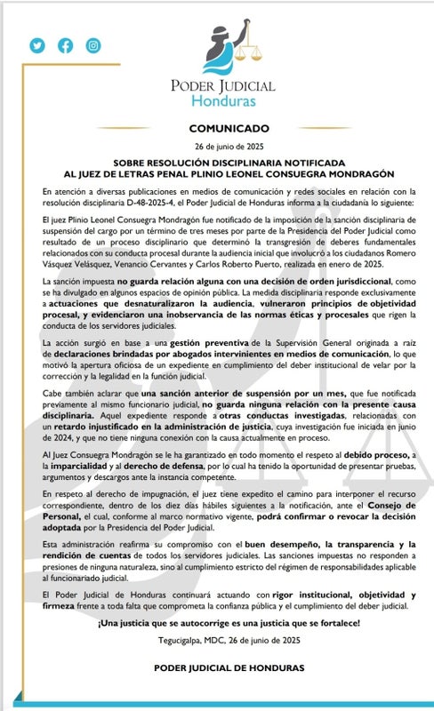 Comunicado suspensión juez Plinio