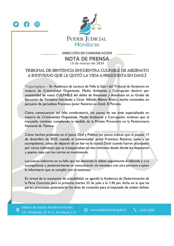 Tribunal condena responsable periodista Francisco Ramírez