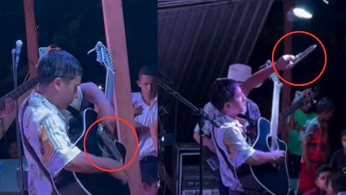 Guitarrista toca con una pistola su instrumento
