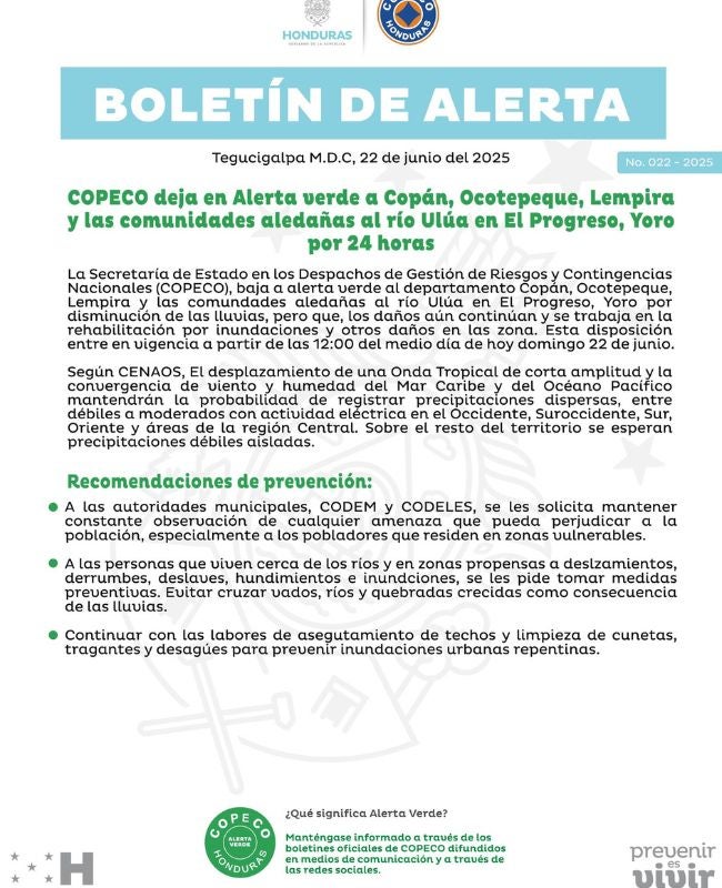 COPECO reduce nivel de alerta