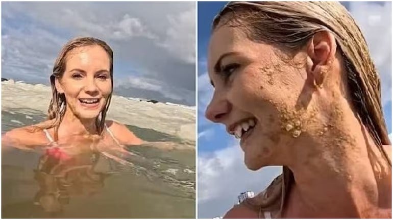 Influencer nada en espuma marina aguas residuales