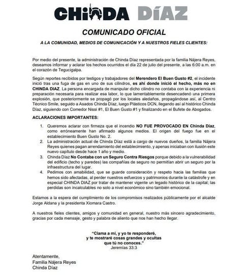 Comunicado de los administradores de Chinda Díaz