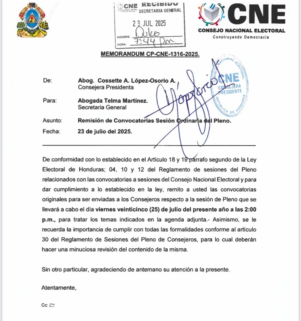 Convocatoria el pleno del CNE