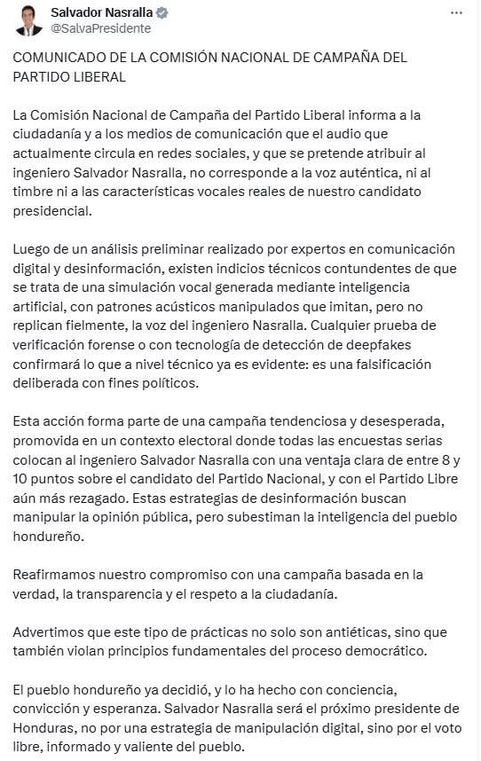 Nasralla desmiente audio viral y denuncia manipulación con inteligencia artificial