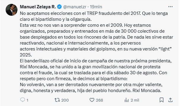 Publicación de Mel Zelaya en su cuenta oficial de X.