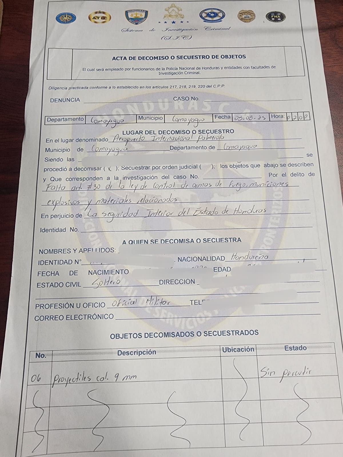 Capturan a pasajero con munición ilegal Palmerola
