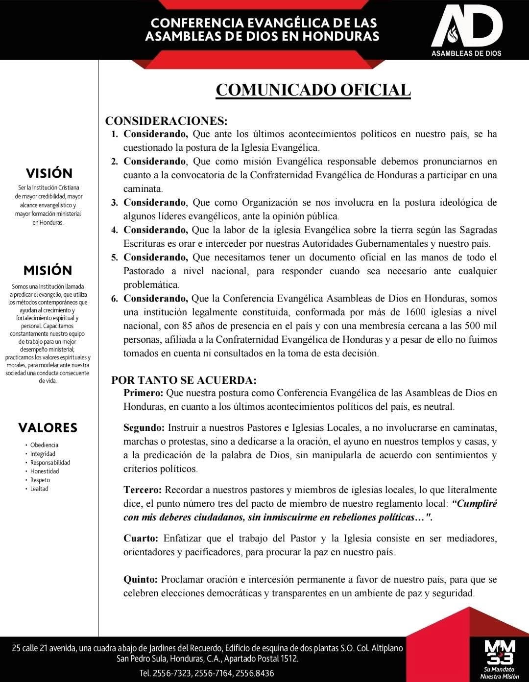 Conferencia Evangélica en Honduras pide a pastores evitar involucrarse en marchas y protestas