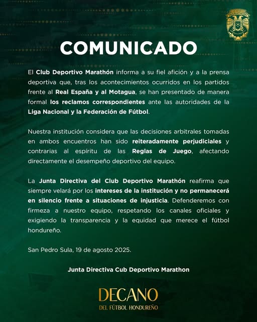 Este es el comunicado emitido por el Marathón, que se siente afectado por decisiones arbitrales.