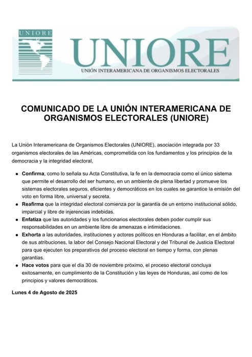 Comunicado de la UNIORE