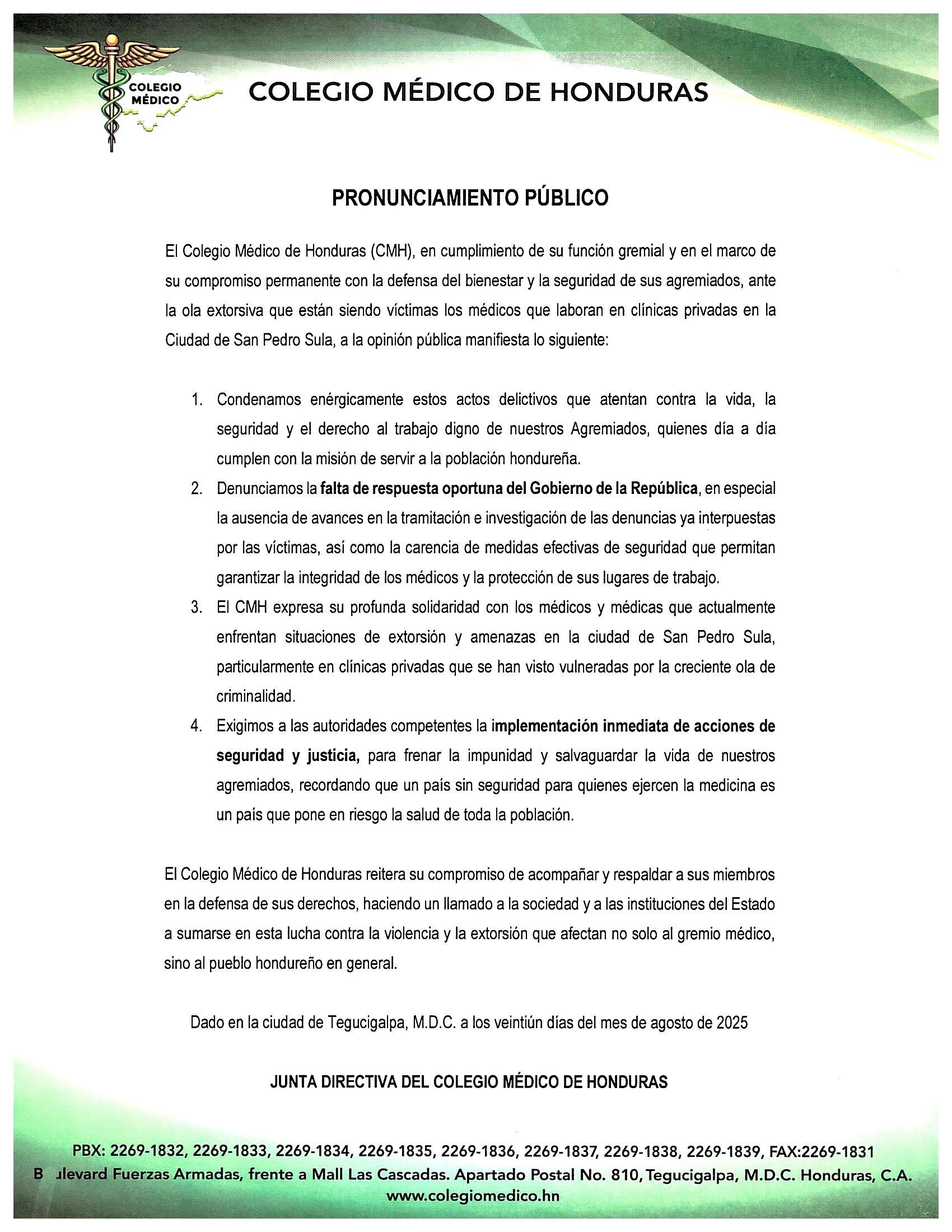 Colegio Médico de Honduras denuncia una extorsión 