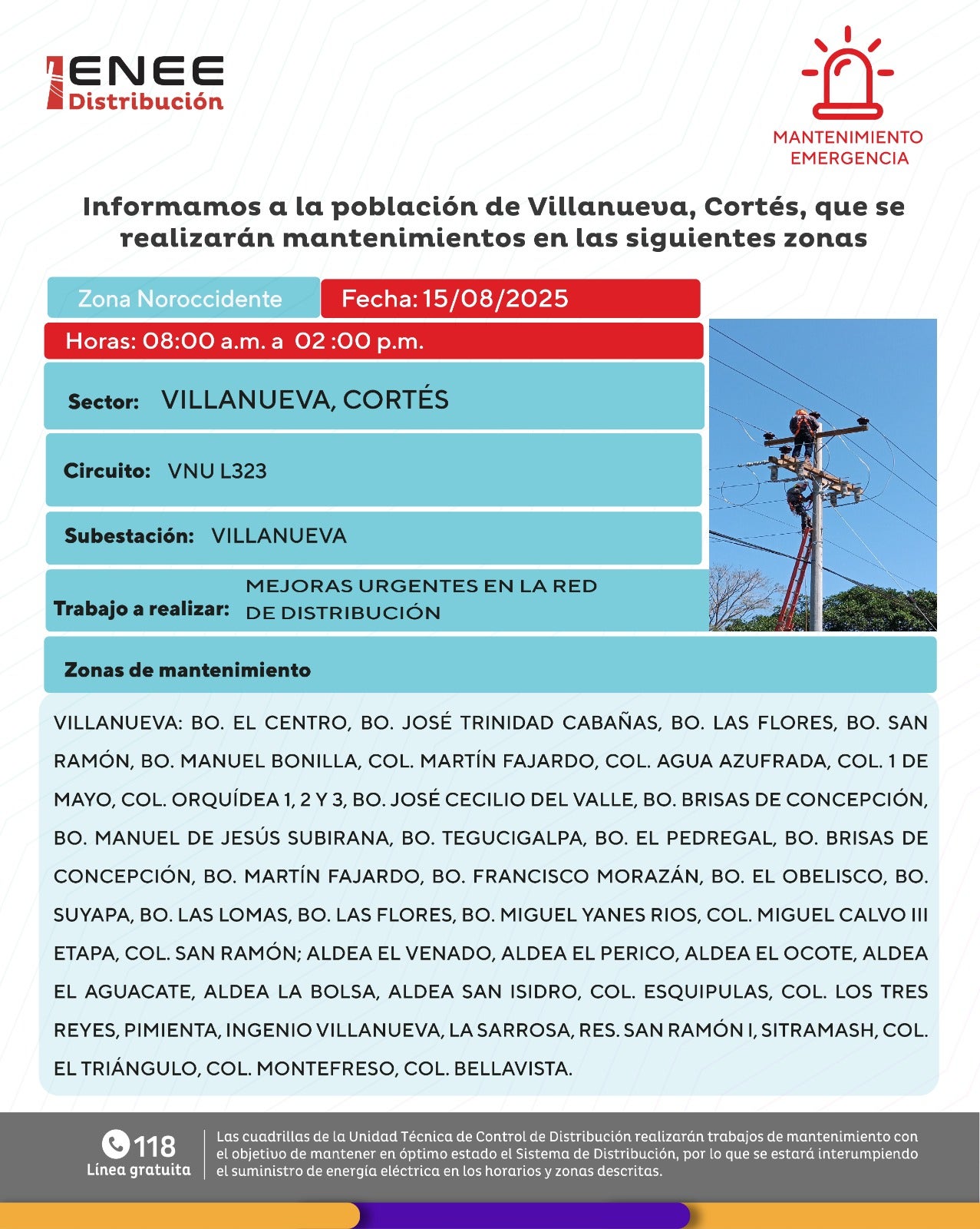 Cortes de energía Honduras viernes 15 de agosto 2025