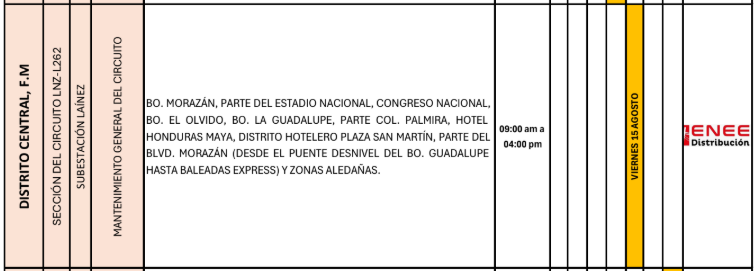 Cortes de energía viernes 15 de agosto 2025