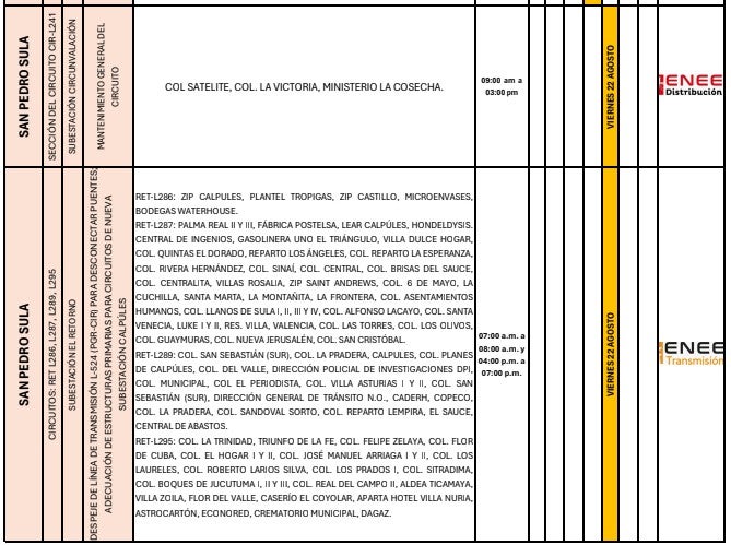 Cortes de energía viernes 22 agosto 2025 2