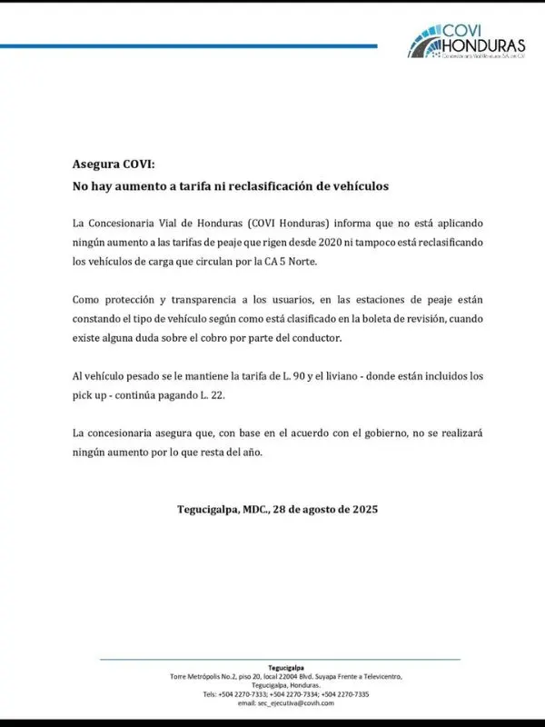 COVI aclara tarifas de peajes