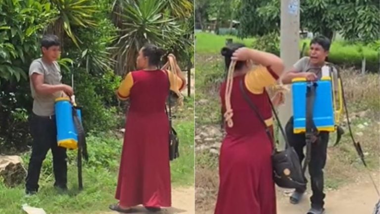 Madre castiga a su hijo por robar una bomba de fumigar y lo obliga a devolverla
