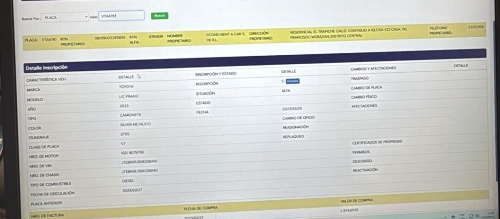 Registro del cambio de camioneta