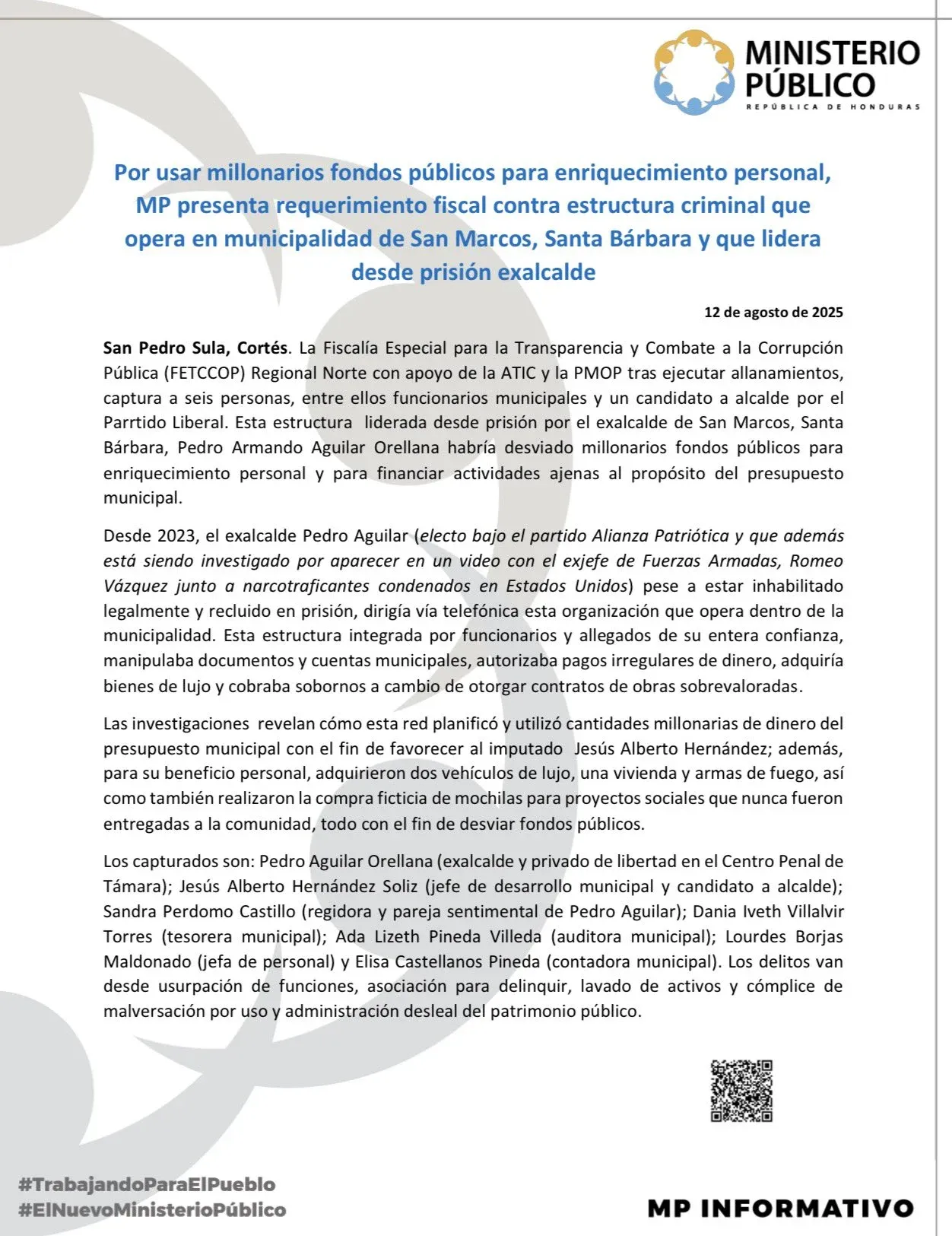 Comunicado del Ministerio Público. 