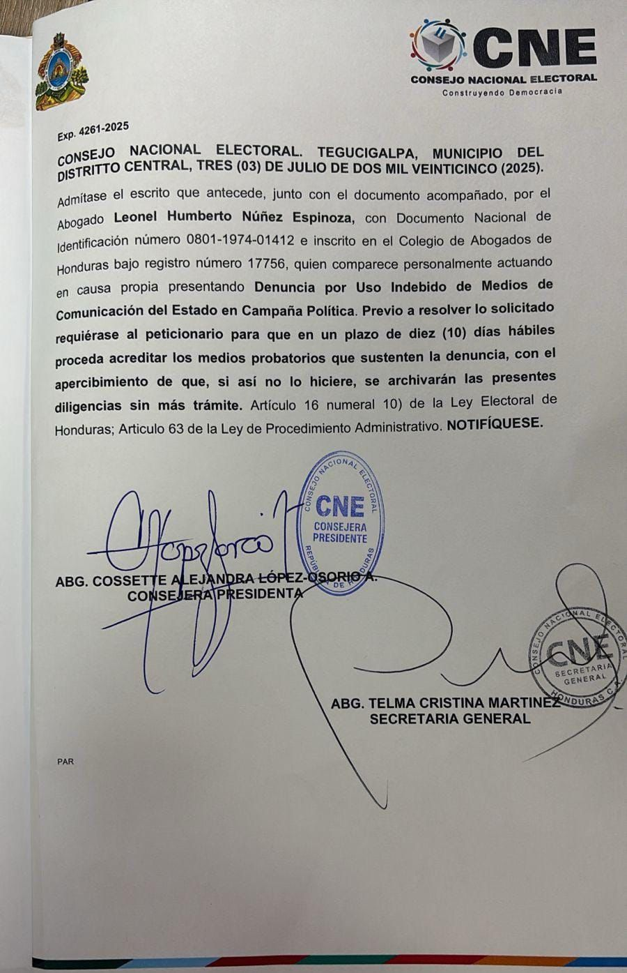 Comunicado oficial del CNE sobre la denuncia.
