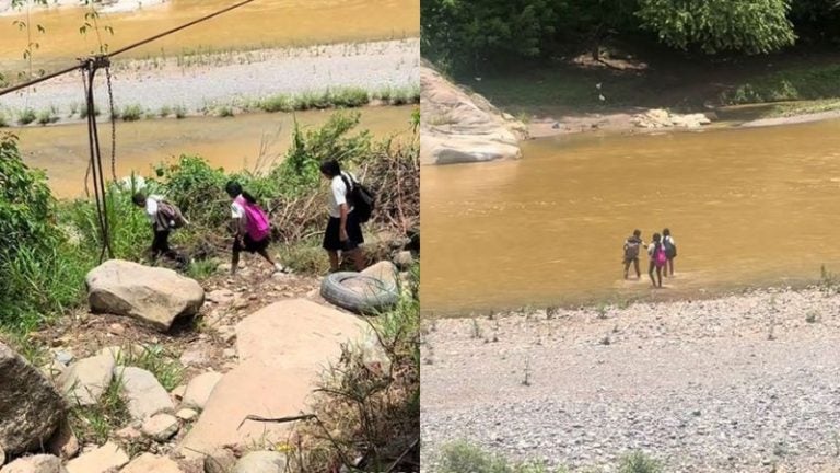 escolares cruzan río Cangrejal