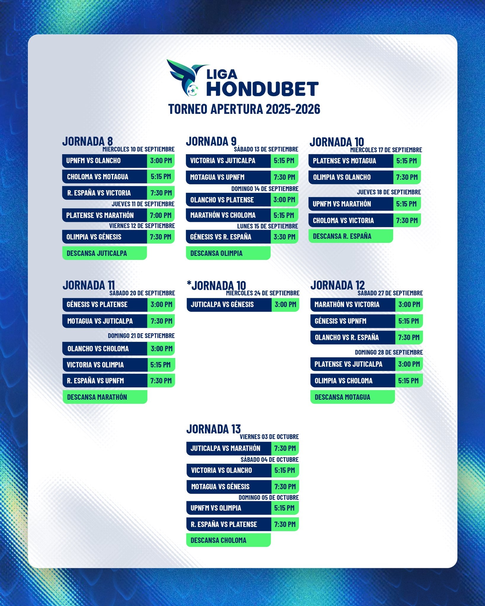 Este es el calendario aprobado por la Liga Nacional y los representantes de los 11 equipos.