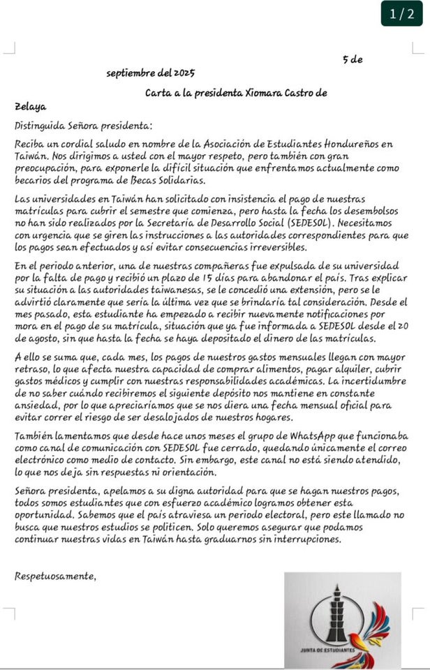 Carta enviada por los hondureños becados en Taiwán a la Presidenta Xiomara Castro