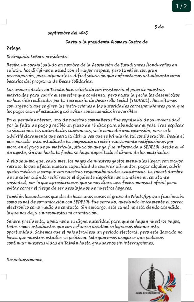 Carta enviada por los hondureños becados en Taiwán a la Presidenta Xiomara Castro