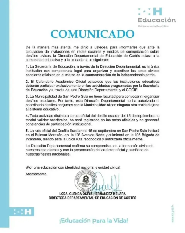 Comunicado de la Secretaría de Educaciòn sobre los desfiles en San Pedro Sula.