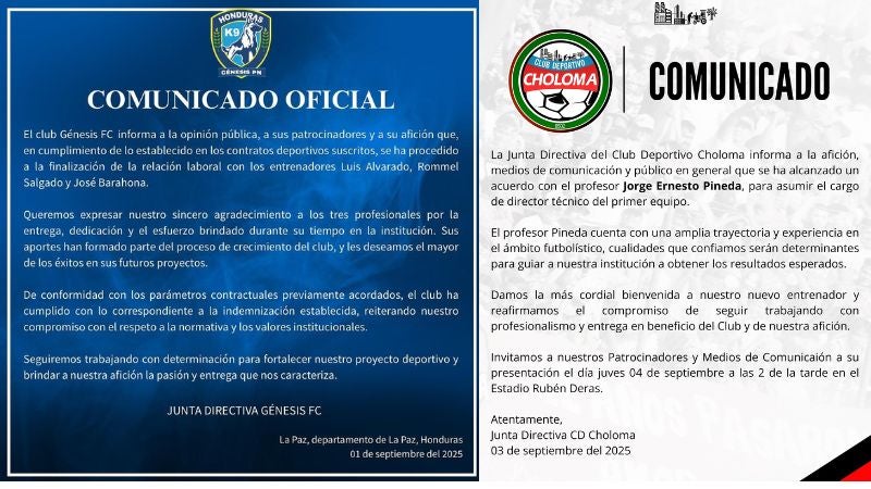 Así anunciaron a sus nuevos técnicos Génesis Policía Nacional y el CD Choloma.