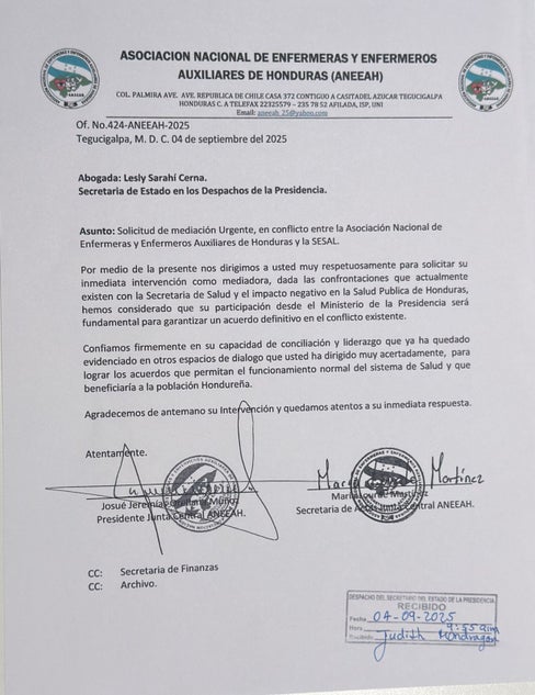 Solicitud de medicación de las enfermeras a la Secretaría de la Presidencia
