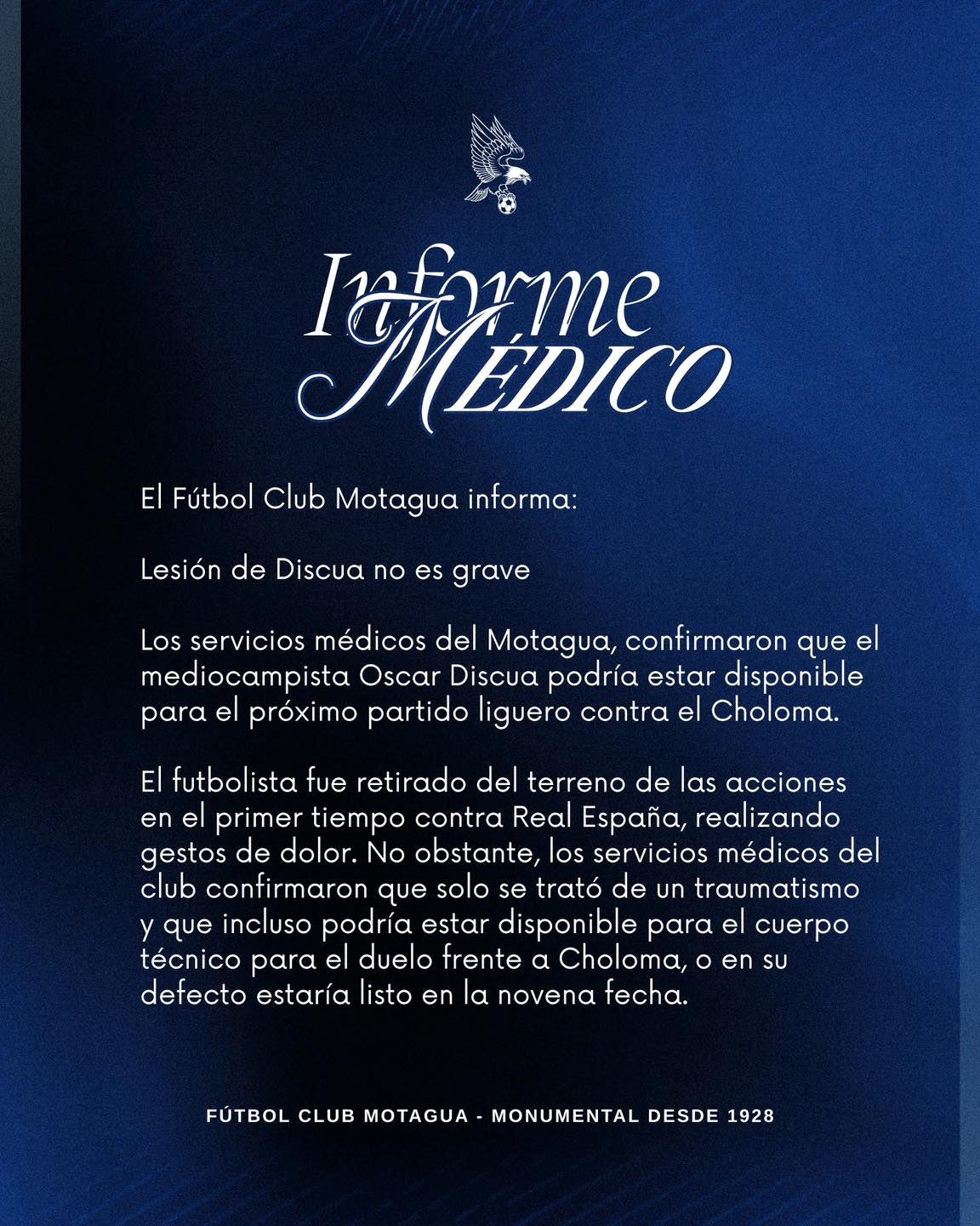 Así informa Motagua sobre la lesión del volante de contención, Óscar Padilla Discua.